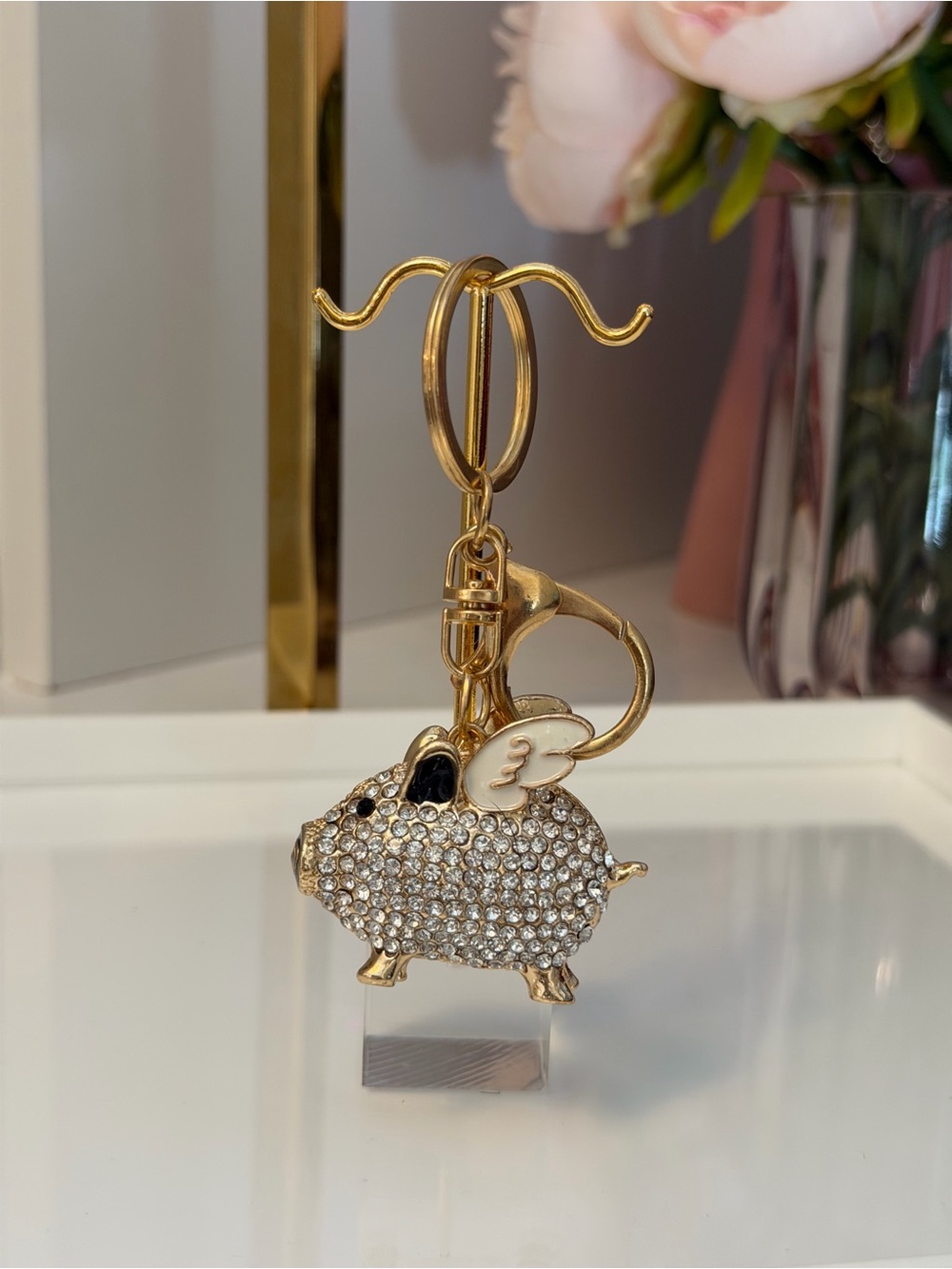 Gold Crystal Flying Pig Keychain Charm - Small bling Accessory
